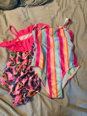 Girls' Bright Rainbow Stripe One-Piece Swimsuit & Pink Butterfly Suit